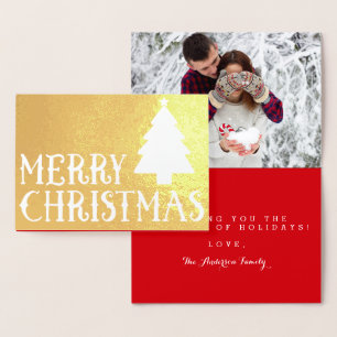 Cartão Metalizado Tema de Foto da Árvore Clássica Feliz de Natal