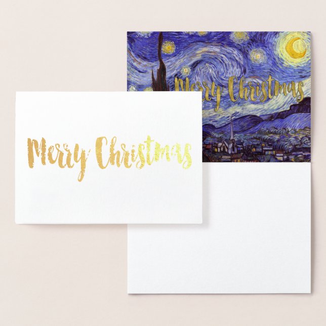 Cartão Metalizado Vincent Van Gogh Starry Night Feliz Natal Dourado (Exibição)