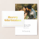 Cartão Metalizado Vintage retro script Merry Christmas foto gold<br><div class="desc">Um script retroativo vintage para esta coleção de cartões com fotos. Para personalizar com a sua imagem de família favorita. Elegante e original com seu verdadeiro decor de folha.</div>