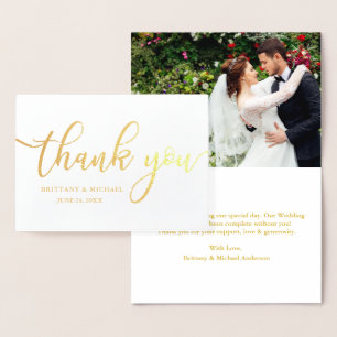 Cartão Metalizado Wedding Modern Obrigado Foto Dourada