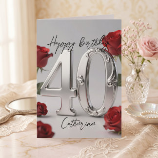 Cartão Metallic Silver Red Roses Milestone 40th Birthday