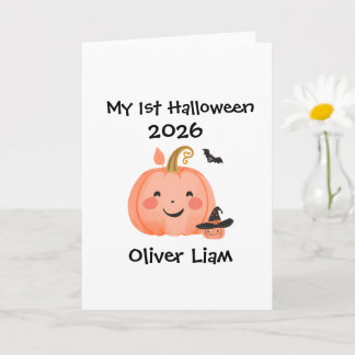 Cartão Meu 1º Halloween 2026 Abóbora Sorridente Bruxa Nom