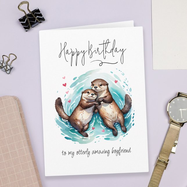 Cartão Meu Incrível Aniversário de Trocadilho de Namorado (My Otterly Amazing Boyfriend Otter Pun Birthday Card)