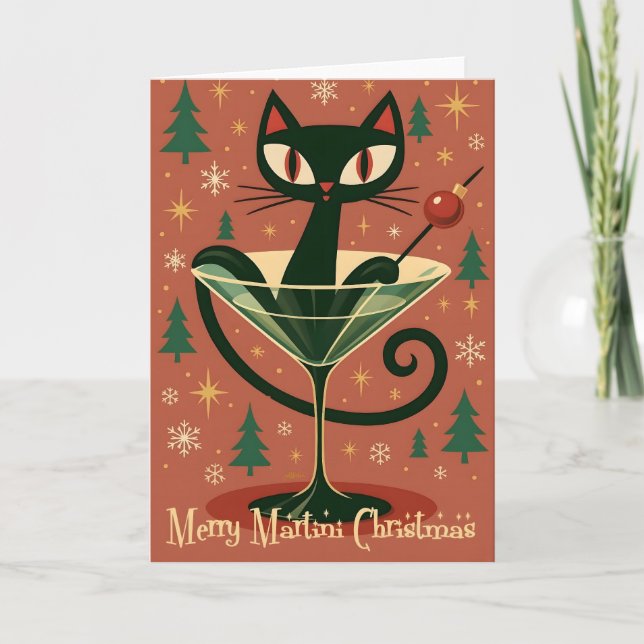 Cartão Mid Century Black Cat Merry Martini Christmas (Frente)