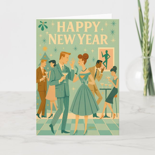 Cartão Mid Century Happy New Year The Martini Dance (Frente)