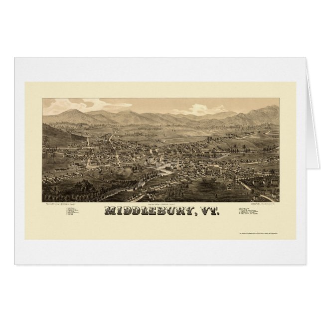 Cartão Middlebury, mapa panorâmico do VT - 1886 (Frente Horizontal)