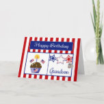 Cartão Military Grandson Birthday Card<br><div class="desc">This Patriotic Birthday Card will make your military Grandson smile. This colorful card features a red and white striped background, chocolate cupcake with stars, American Flags, a flag heart and a candle, red, white & blue stars, a dog tag embossed with "USA" and a blue banner with the text "Happy...</div>