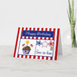 Cartão Military Son-in-law Birthday Card<br><div class="desc">This Patriotic Birthday Card will make your military Son-in-law smile. This colorful card features a red and white striped background, chocolate cupcake with stars, American Flags, a flag heart and a candle, red, white & blue stars, a dog tag embossed with "USA" and a blue banner with the text "Happy...</div>