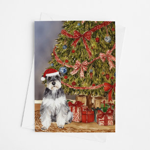 Cartão Mini Schnauzer Watercolor Sob A Árvore De Natal