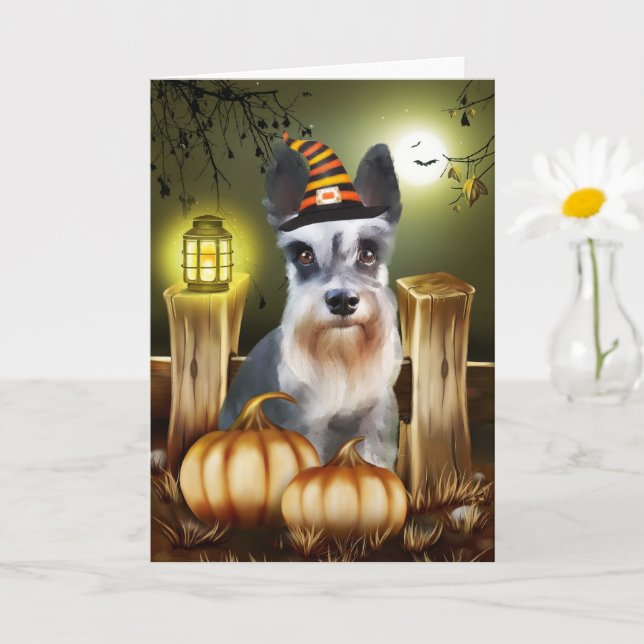 Cartão Miniatura Cachorro Schnauzer com Bruxo Hat Hallowe (Planta pequena)