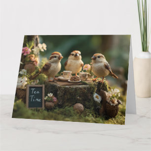 Cartão Miniaturas de Pássaros Figurativos Tendo um Chá na