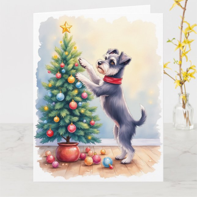 Cartão Miniature Schnauzer Decorating Christmas Tree Dog  (Flor Amarela)