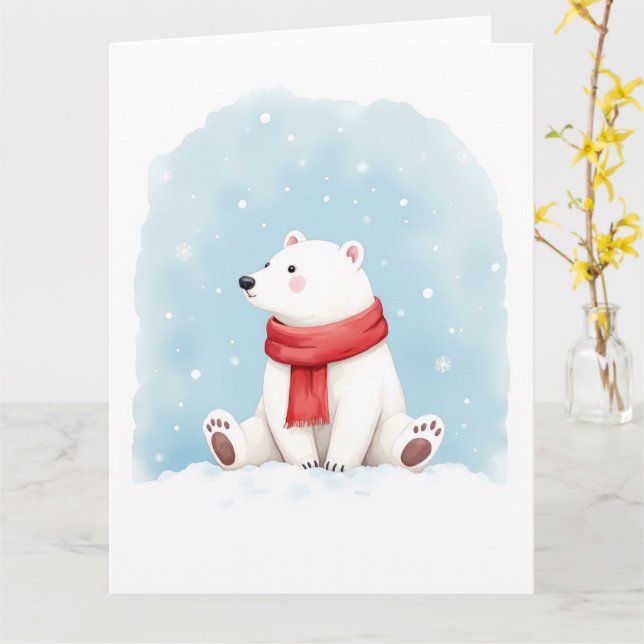 Cartão Minimal Polar Bear Winter Watercolor Christmas Art (Flor Amarela)
