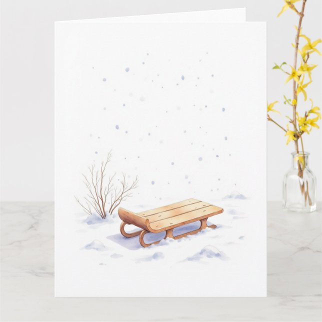 Cartão Minimal Winter Sled Watercolor Christmas Art (Flor Amarela)