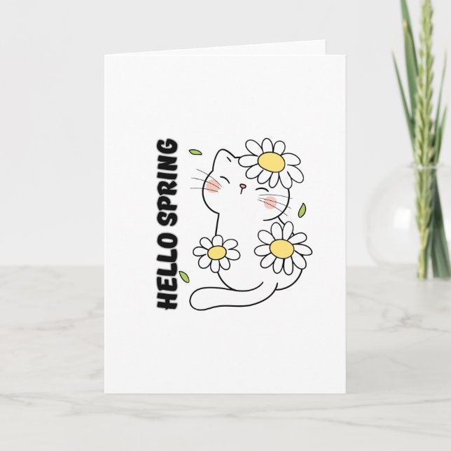 Cartão Minimalist Aesthetic Hello Spring Cat & Daisy  (Frente)