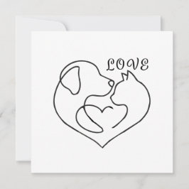 Cartão Minimalist Dog and Cat Heart - One Line Art Design
