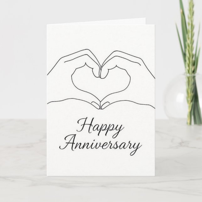 Cartão Minimalist Line Art Hands Heart Happy Anniversary  (Frente)