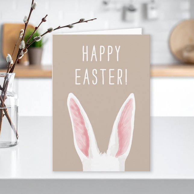 Cartão Minimalist White Bunny Ears On Beige Happy Easter (Criador carregado)