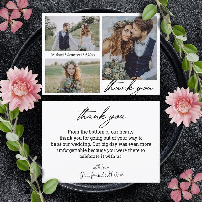 Cartão minimalista 3 fotos colagem obrigado de casamento (Criador carregado)