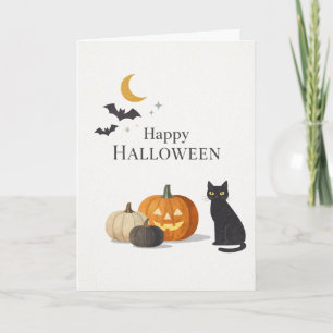 Cartão Minimalista Abóbora Laranja Gato Preto Halloween