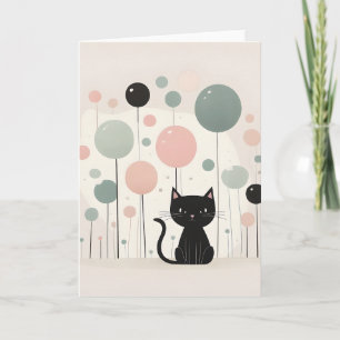Cartão Minimalista Boho Fofo Gato Preto com Balões Em Bra
