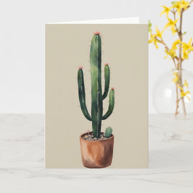 Cartão Minimalista de Cacto Cumprimentos Aniversár (Flor Amarela)