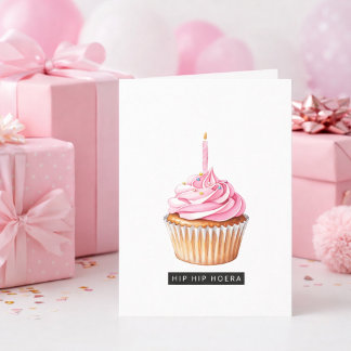 Cartão Minimalistische Hip Hip Hoera Roze Cupcake Jarig 