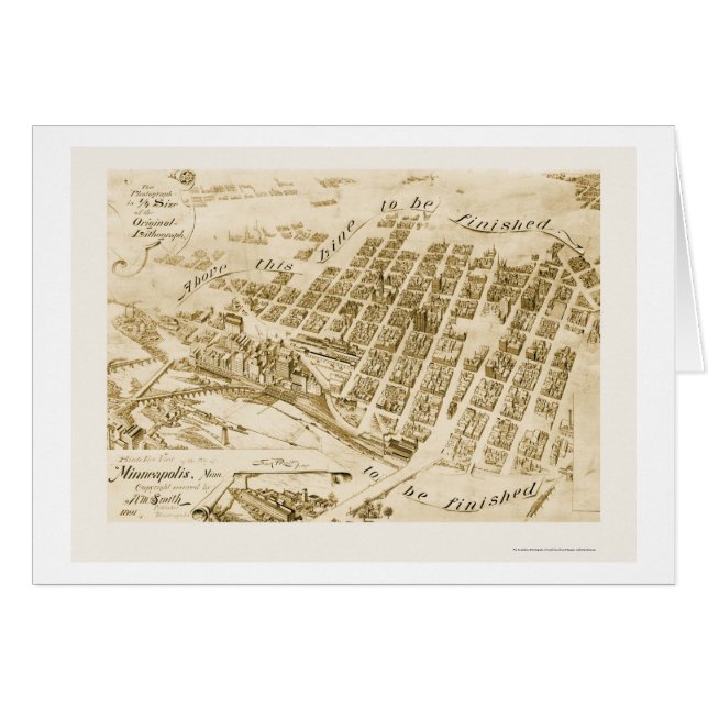 Cartão Minneapolis, mapa panorâmico do manganês - 1891 (Frente Horizontal)
