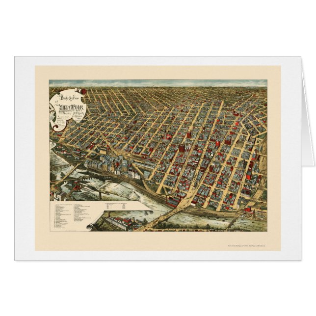 Cartão Minneapolis, mapa panorâmico do manganês - 1891 (Frente Horizontal)