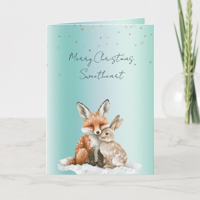 Cartão Mint Fox Bunny Love Glitter Sweetheart Christmas (Frente)