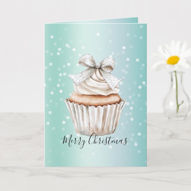 Cartão Mint White Bokeh Dots Bow Cupcake Christmas (Planta pequena)