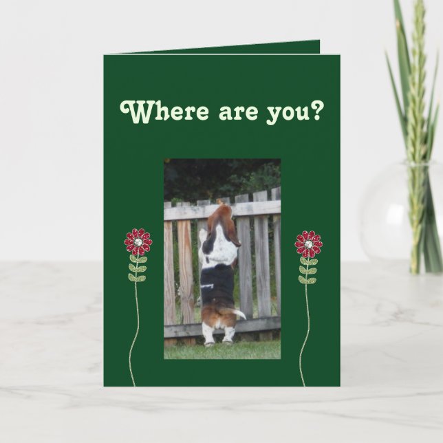 Cartão "Missing You" Card w/Basset Looking Over Fence (Frente)