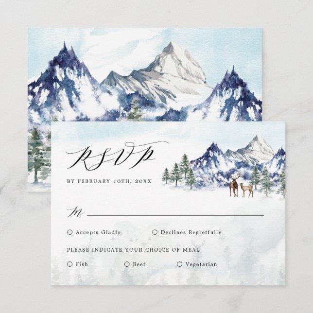 Cartão Misty Mountain Winter Forest Wedding RSVP (Frente/Verso)
