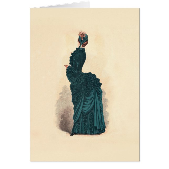 Cartão Moda de Vestido Victoriano Azul Elegante (Frente)