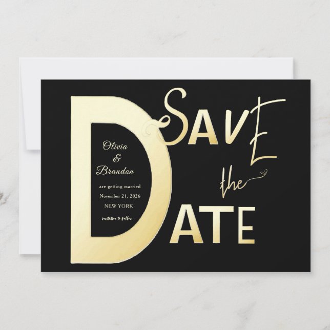 Cartão modelo Save The Date preto e dourado (Frente)