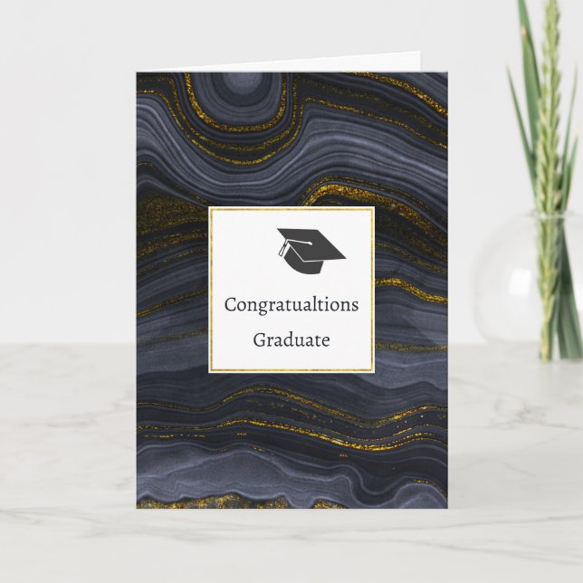 Cartão Modern Black & Gold Agate Stone Graduation Cap (Frente)