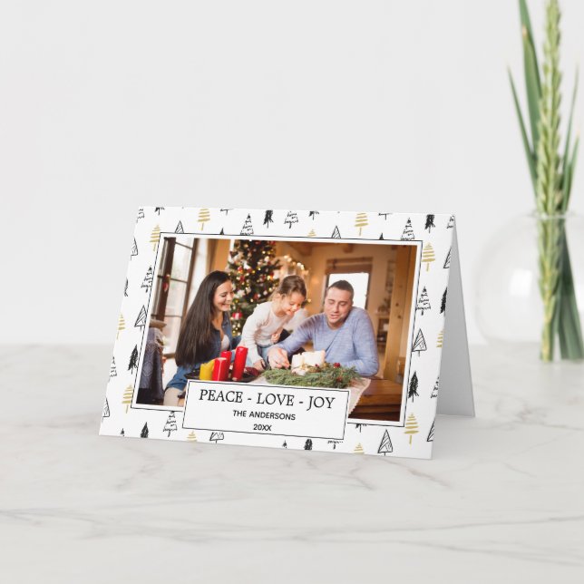 Cartão Modern Black & Gold Peace Love Joy Christmas Photo (Frente)