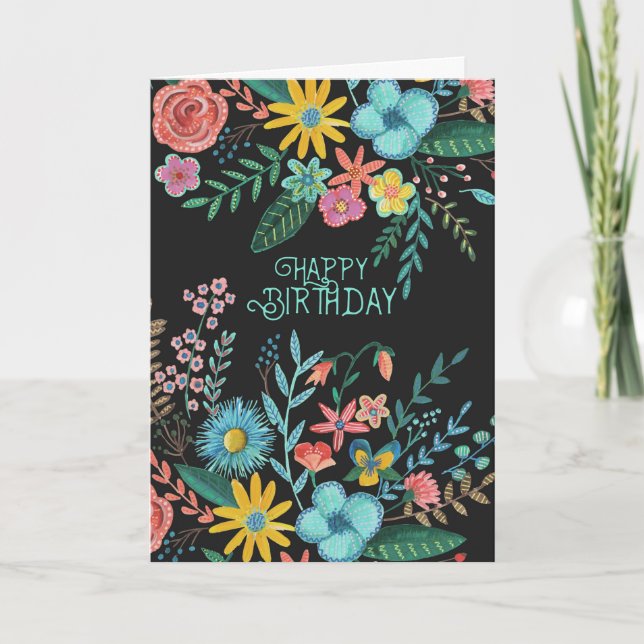 Cartão Modern black watercolours floral birthday (Frente)