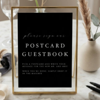 Cartão Modern Black Wedding Postcard Guestbook Sign