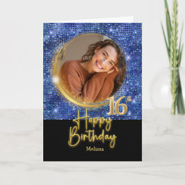 Cartão Modern Blue & Gold Script Photo Name 16th Birthday