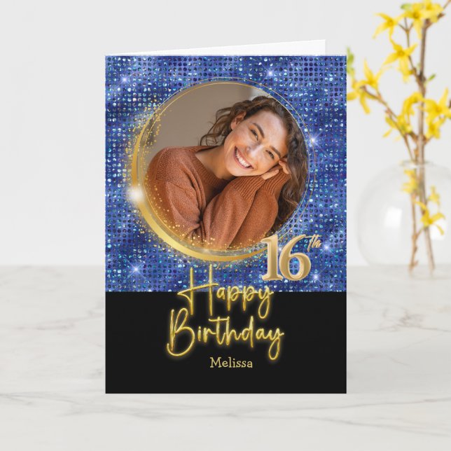 Cartão Modern Blue & Gold Script Photo Name 16th Birthday (Flor Amarela)