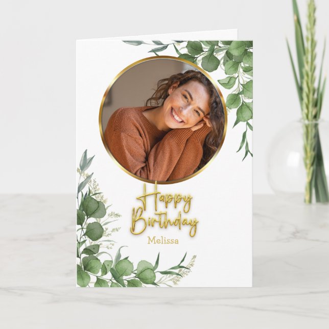 Cartão Modern Botanical Script Circle Photo Birthday (Frente)