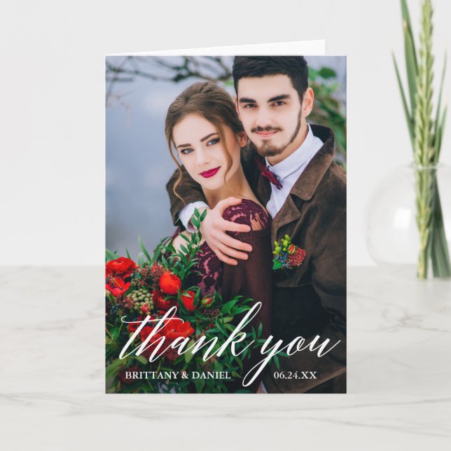 Cartão Modern Calligraphy Wedding Photo W Fold Thank You (Frente)