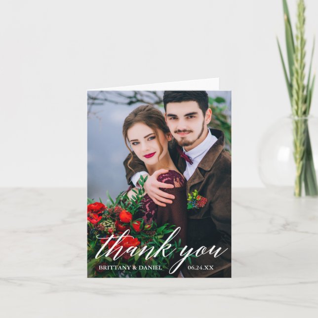 Cartão Modern Calligraphy Wedding Photo W Note Thank You (Frente)