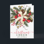 Cartão Modern Cheer Christmas floral watercolor 7 photos<br><div class="desc">Modern hand painted Christmas  floral red green pine branches,  red mistletoe,  white poinsettia,  with Christmas cheer script font,  add 7 of your favorite photos! Warm wishes!</div>