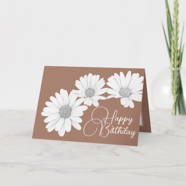 Cartão Modern Girly Daisies Floral Flores Mocha Aniversár (Frente)