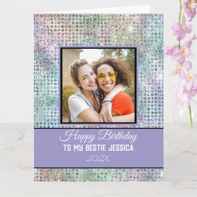 Cartão Modern Happy Birthday Pastel Bestie Photo & Name  (Orquídea)