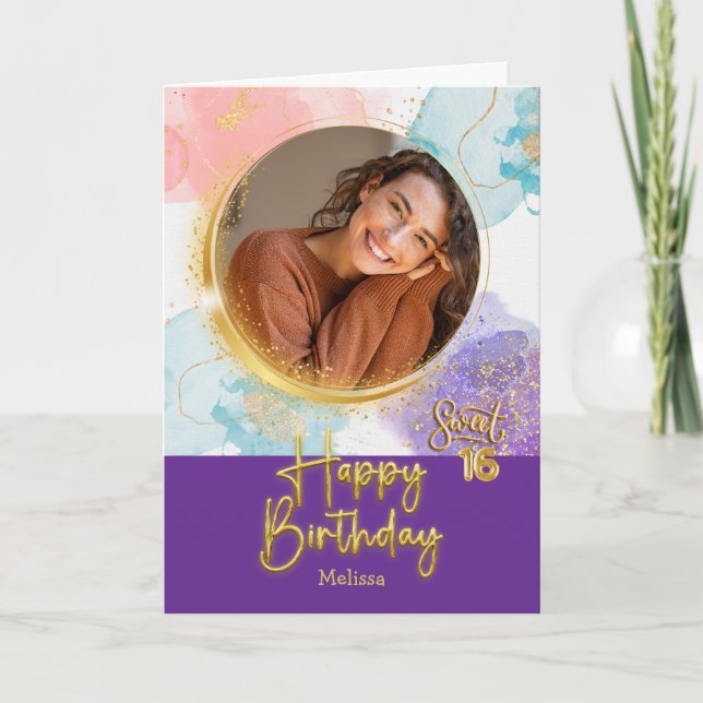 Cartão Modern Pastel Sweet 16 Photo & Name Birthday (Frente)