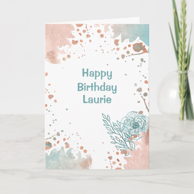 Cartão Modern Peach Aqua Paint Splatter Birthday (Frente)