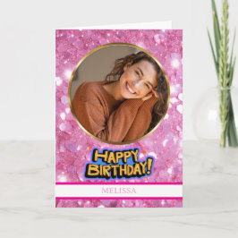 Cartão Modern Pink and Gold Glitter Photo & Name Birthday